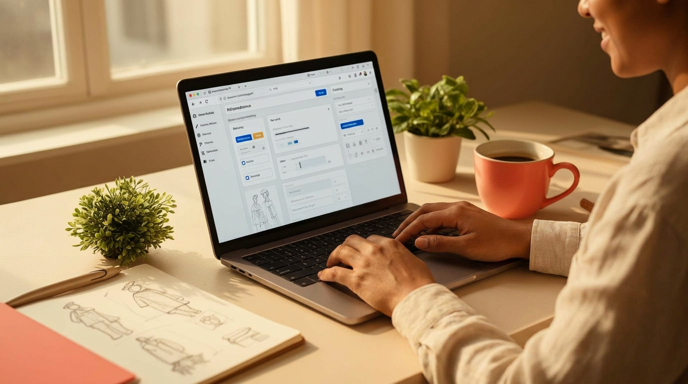 Atelier créatif : un ordinateur portable montrant un outil en construction, entouré d'un carnet, d'une plante et d'une tasse — ambiance chaleureuse et inspirante.